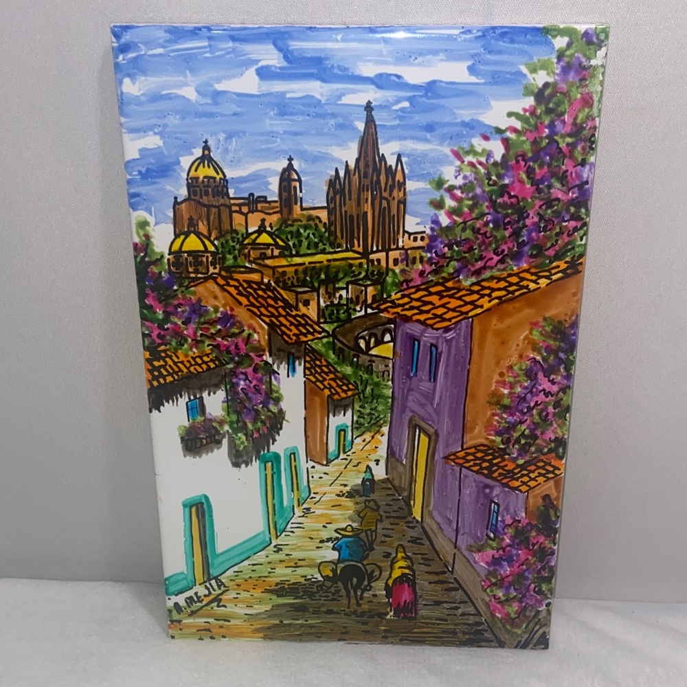 Hand painted art tile signed  A. Mejia